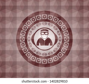 thief icon inside red emblem with geometric pattern. Seamless.