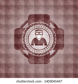 thief icon inside red emblem or badge with geometric pattern background. Seamless.