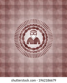 thief icon inside red emblem or badge with abstract geometric polygonal pattern background. Seamless. 