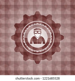 thief icon inside red seamless badge with geometric pattern.