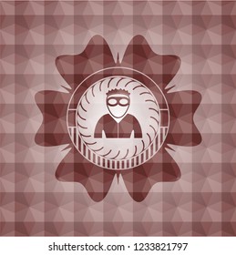thief icon inside red seamless emblem or badge with abstract geometric pattern background.