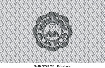 thief icon inside silver badge or emblem. Scales pattern. Vector Illustration. Detailed.