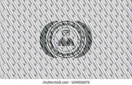 thief icon inside silver color badge. Scales pattern. Vector Illustration. Detailed.