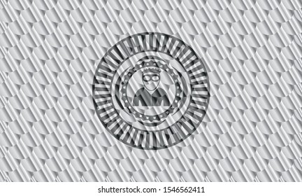thief icon inside silver emblem. Scales pattern. Vector Illustration. Detailed.