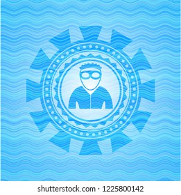 thief icon inside sky blue water wave emblem background.