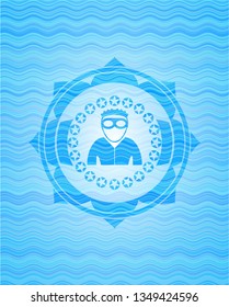 thief icon inside sky blue water wave style badge.