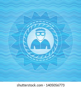 thief icon inside sky blue water style emblem.