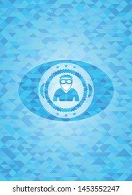 thief icon inside sky blue emblem with triangle mosaic background