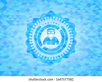 thief icon inside sky blue emblem with mosaic background