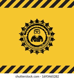 thief icon inside warning sign, black grunge emblem. Vector Illustration. Detailed.