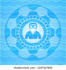 thief icon inside water wave concept badge.