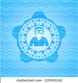 thief icon inside water wave concept style badge.