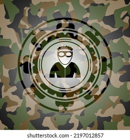 thief icon on camouflaged pattern. 