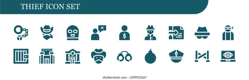  thief icon set. 18 filled thief icons.  Simple modern icons about  - Handcuffs, Cowboy, Balaclava, Salesman, Spy, Hacker, Jail, Prison, Police, Bandit, Attack, Police line
