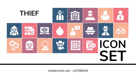 thief icon set. 19 filled thief icons.  Collection Of - Hacker, Handcuffs, Balaclava, Cowboy, Jail, Spy, Attack, Salesman, Police, Burglar