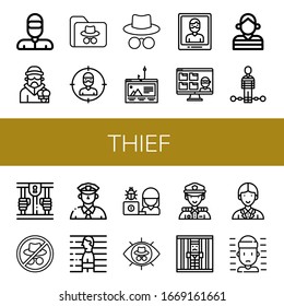 thief icon set. Collection of Thief, Criminal, Hacker, Phishing, Arrest, Prisoner, Suspect, Prison, Cop, Police, Jail, Officer icons