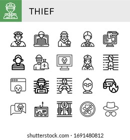 thief icon set. Collection of Police, Cop, Hacker, Criminal, Officer, Online robbery, Prisoner, Thief, Police officer, Suspect, Car on fire, Phishing, Prison icons