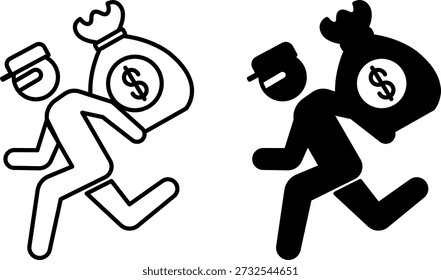 Thief Icons. Glyph and Line Vector Illustrations. Masked Man Carrying a Bag of Money. Criminal Stealing Someone Else's Property. Police Concept