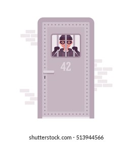 Thief imprisoned looking through the jail metal bars. Cartoon vector flat-style concept illustration