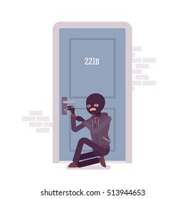 Thief ineffectually lockpicking the front door using special tools. Cartoon vector flat-style concept illustration