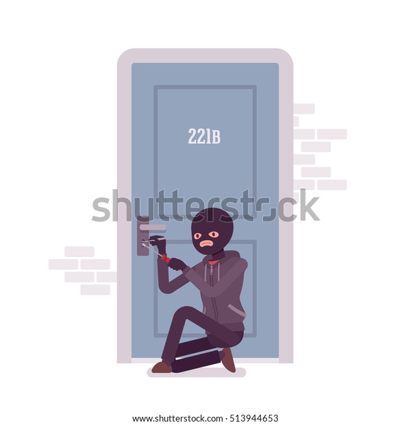 泥棒は 特別な道具を使って玄関のドアを選ぶのに 無駄に鍵を掛ける カートーンのベクター画像のフラットスタイルのコンセプトイラスト のベクター画像素材 ロイヤリティフリー