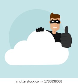 A thief infiltrates cloud storage with important data. He found a lot of important information in the cloud storage. The thief shows his hand thump up. Modern vector illustration in flat style.