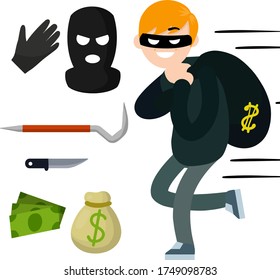 Thief with knife. Robber in black cloth. Set of tools for crime. pinch bar, crowbar, glove. Funny guy. Cartoon flat illustration. Man burglar. Security problem