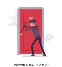 Thief making an effort to open the door with a crowbar. Cartoon vector flat-style concept illustration