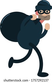 a thief, a man in a black suit in a mask on his eyes with a bag on shoulders, robber with plunder