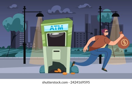 Thief man character steals money from ATM. Vector design flat graphic cartoon illustration