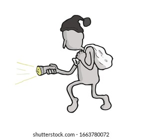 Hombre ladrón con linterna en la mano. vector de dibujos animados.