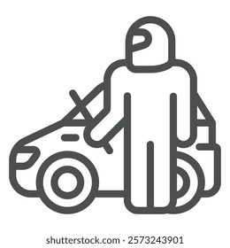 Thief man with mask at car line icon, insurance event concept. Vector graphics. Human theft automobile sign on white background, outline style icon for mobile or web design