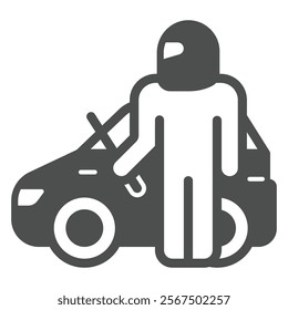 Thief man with mask at car solid icon, insurance event concept. Vector graphics. Human theft automobile sign on white background, glyph style icon for mobile or web design