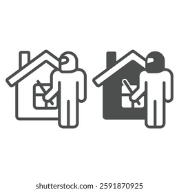 Thief man with mask at house line and solid icon, insurance event concept. Vector graphics. Cottage building theft crime risk sign on white background, outline style icon for mobile or web design