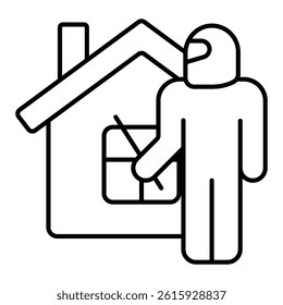 Thief man with mask at house thin line icon, insurance event concept. Vector graphics. Cottage house theft, crime sign on white background, linear style for mobile or design