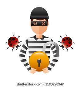thief man with padlock and ladybug