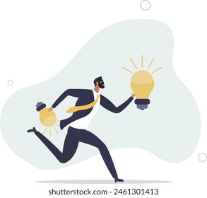 ladrón que corre con la idea de la bombilla de luz robar de otro dueño. Ilustración vectorial plana.