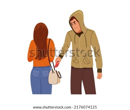 Thief man stealing wallet from bag of young woman. Male pickpocket take money from girl walking alone on the street. Theft concept. Isolated color flat vector illustartion