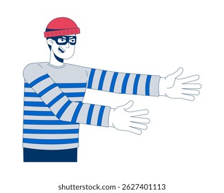 Homem ladrão com braços esticados personagem de desenho 2D. Fraude financeira, risco de roubo. Fraude financeira, roubo. Fraudster atingindo mãos plana vetor pessoa isolada no branco. Ilustração especial colorida