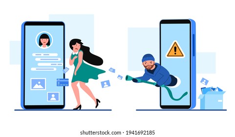 Ladrón succionando la información de datos privados de la mujer a través del teléfono móvil, Resumen de protección de seguridad datos digitales con datos robados del móvil, concepto de seguridad de datos, ilustración plana aislada