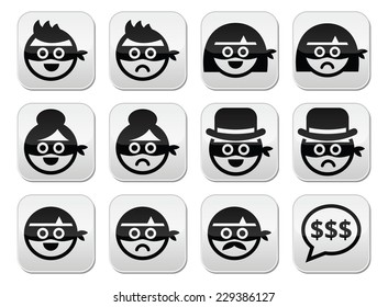 Thief man and woman faces in masks icons set 