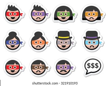 Thief man and woman faces in masks icons set 