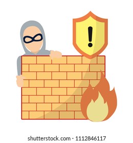 thief with mask behind brick wall and fire caution