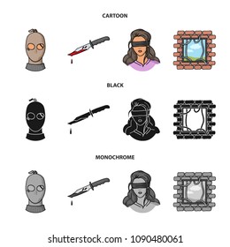 A Thief In A Mask, A Bloody Knife, A Hostage, An Escape From Prison.Crime Set Collection Icons In Cartoon,black,monochrome Style Vector Symbol Stock Illustration Web.