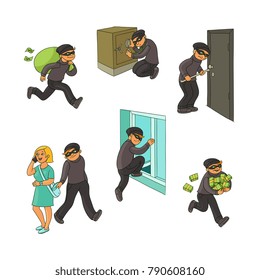 Thief in mask breaking into house, picklocking, opening a door, escaping with loot, pickpocketing, set of hand drawn vector illustrations isolated on white background. Set of thief, burglar at work