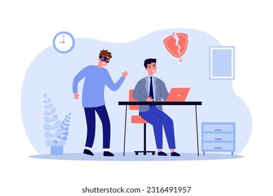 Thief in mask breaking through security vector illustration. Frustrated man working on laptop while hacker getting access to company data. Data protection, cybersecurity breach concept