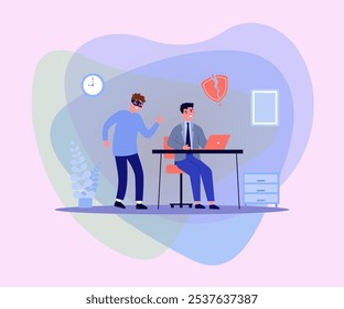 Ladrão em máscara quebrando através de ilustração de vetor de segurança. Homem frustrado trabalhando em laptop enquanto hacker obtém acesso aos dados da empresa. Proteção de dados, conceito de violação da cibersegurança