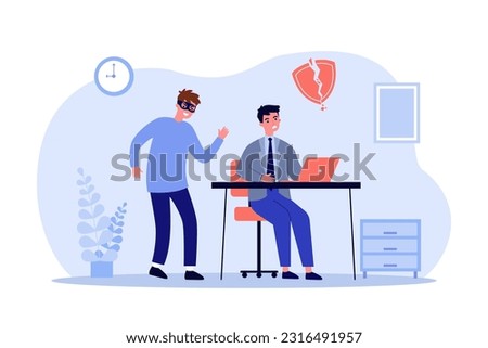 Thief in mask breaking through security vector illustration. Frustrated man working on laptop while hacker getting access to company data. Data protection, cybersecurity breach concept