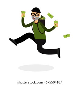 Thief in a mask character running with a backpack full of money vector Illustration