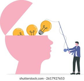 Ladrão em máscara de pesca lâmpada de cabeça de homem. Ladrão de ideias de negócios. Vetor do ilustrador de conceito.

